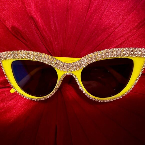 SALE! Sunglasses Yellow Cat Eye Rhinestone Encrusted Bling Womens Accessories. main image 5